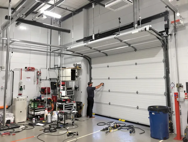 Ellington Garage Door Repair certified technician performing commercial door repair at a Ellington business facility