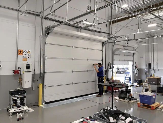 Commercial garage door repair being performed by Ellington Garage Door Repair expert in Ellington
