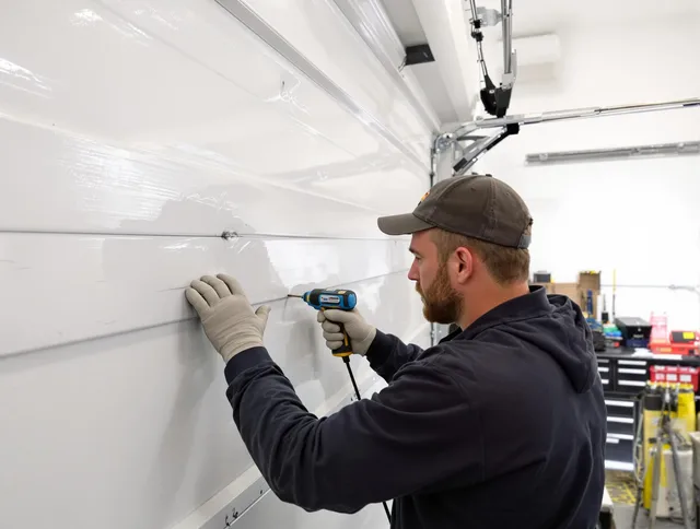 Ellington Garage Door Repair technician demonstrating precision dent removal techniques on a Ellington garage door