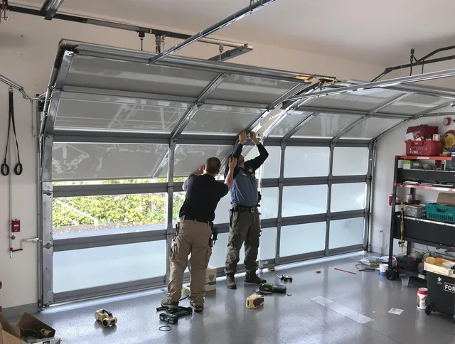Ellington Garage Door Repair expert performing precise panel replacement on Ellington garage door