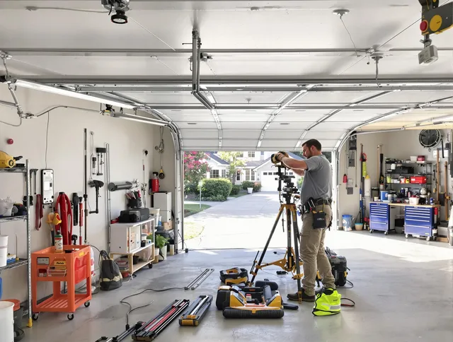 Ellington Garage Door Repair specialist performing laser-guided track alignment in Ellington